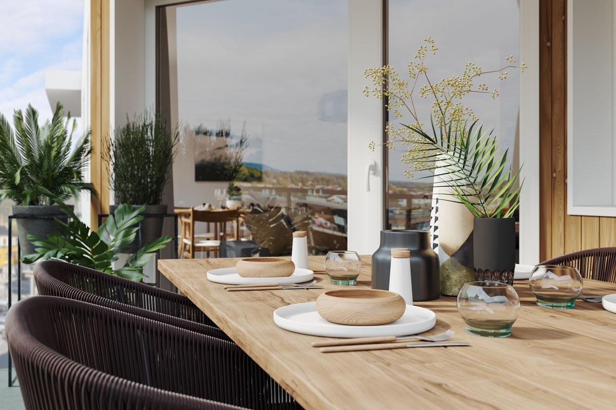 Alle leilighetene leveres med balkong eller terrasse. Alle balkongene er minimum ca. 10 kvadratmeter
og inntrukket i bygningskroppen, slik at du får le for vær og vind. Balkongene leveres med rekkverk i glass, utelampe og stikk. Galleribilde