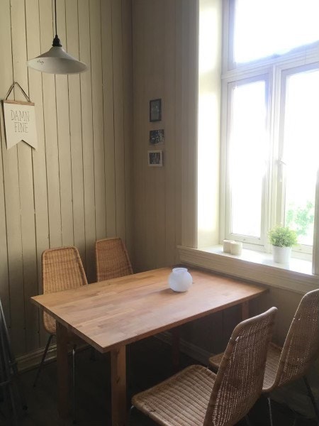 Spiseplass på kjøkkenet. Vaskemaskin og oppvaskmaskin. Vindu mot bakgården Galleribilde