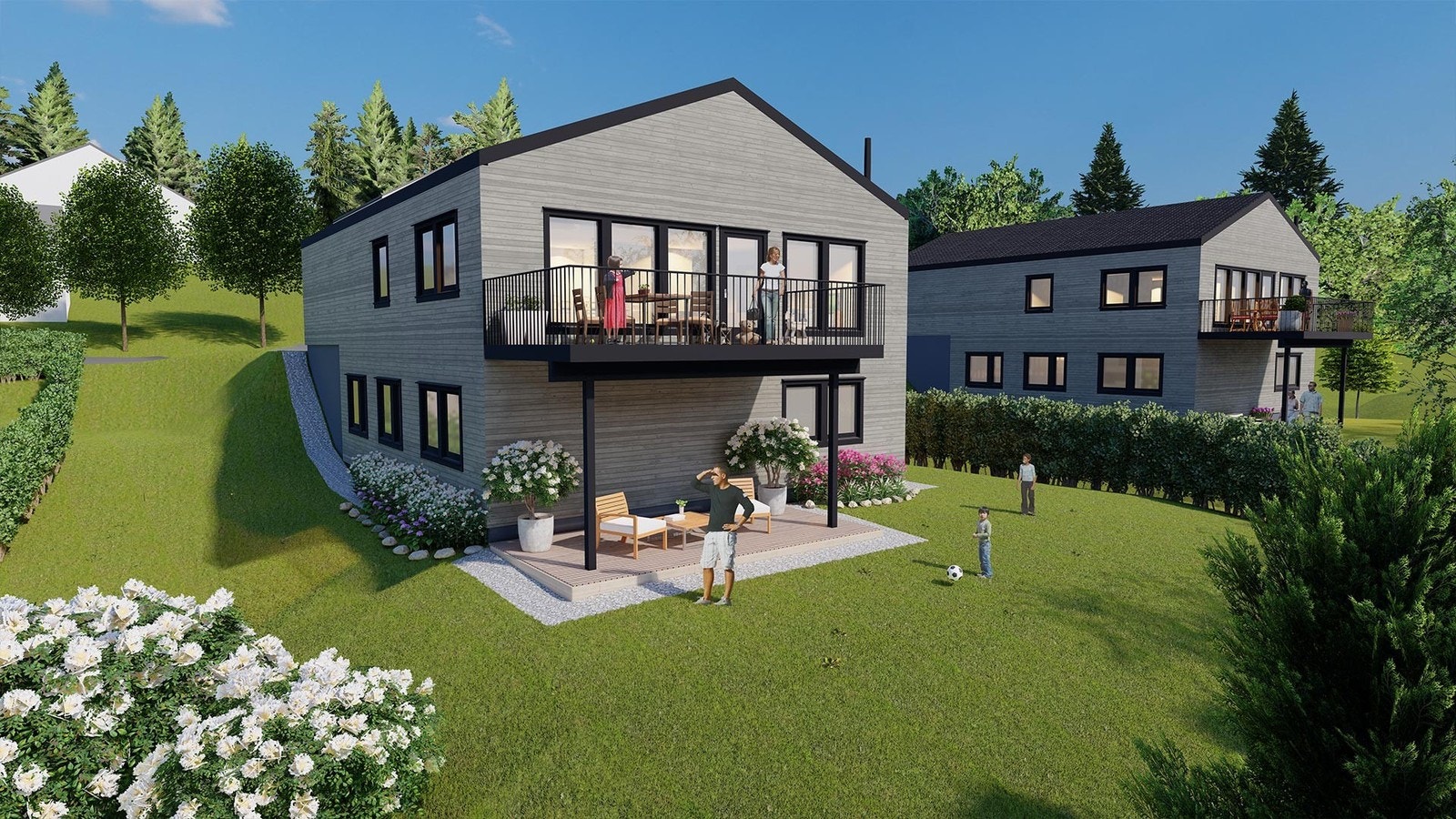 Illustrasjon av boligen med hage og balkong. Galleribilde