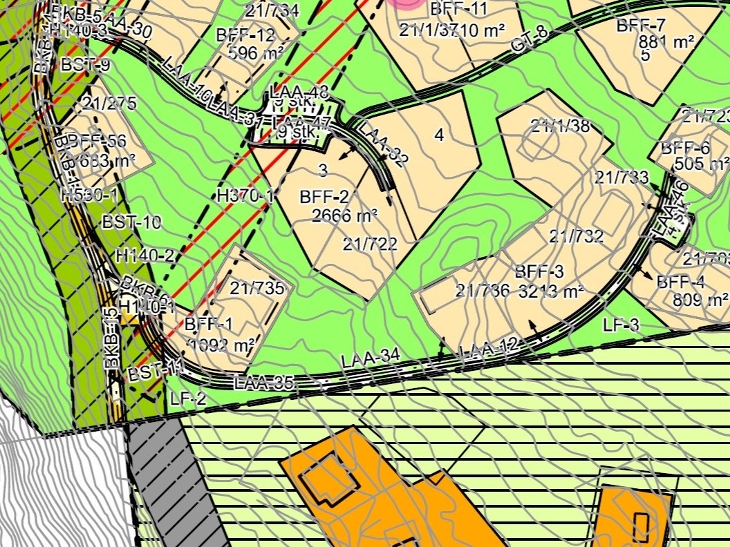 Utsnitt av reguleringsplankart - g/bnr. 21/722 i felt BFF-2 Galleribilde