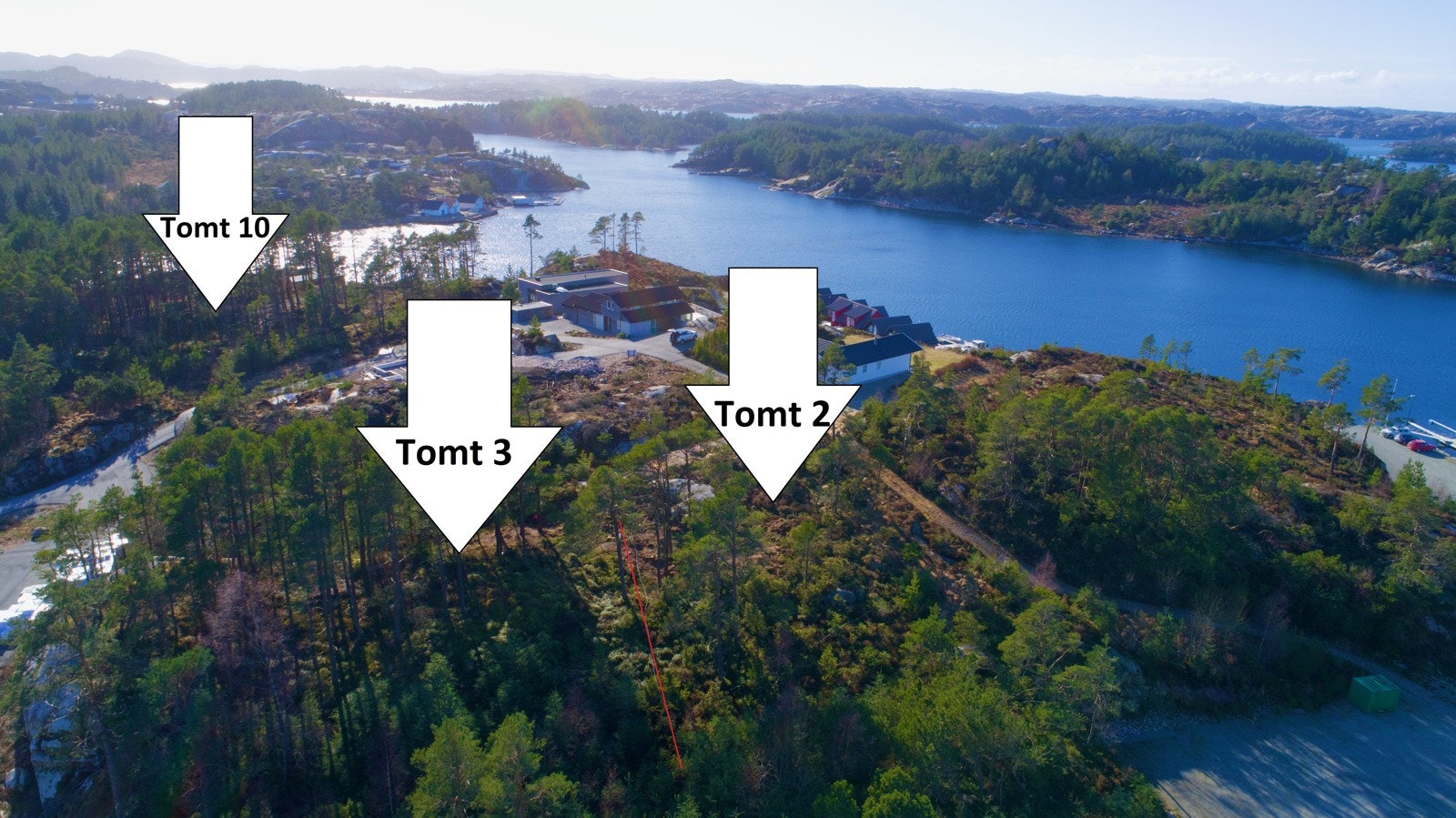Velkomen til Drageidklubben tomt 2, 3 og 10 (Rød strek er ikkje nøyaktig, men ca. grense mellom tomt 2 og 3) - Presentert av Elisabeth Nonås Fylkesnes i Aktiv Eiendomsmegling Galleribilde