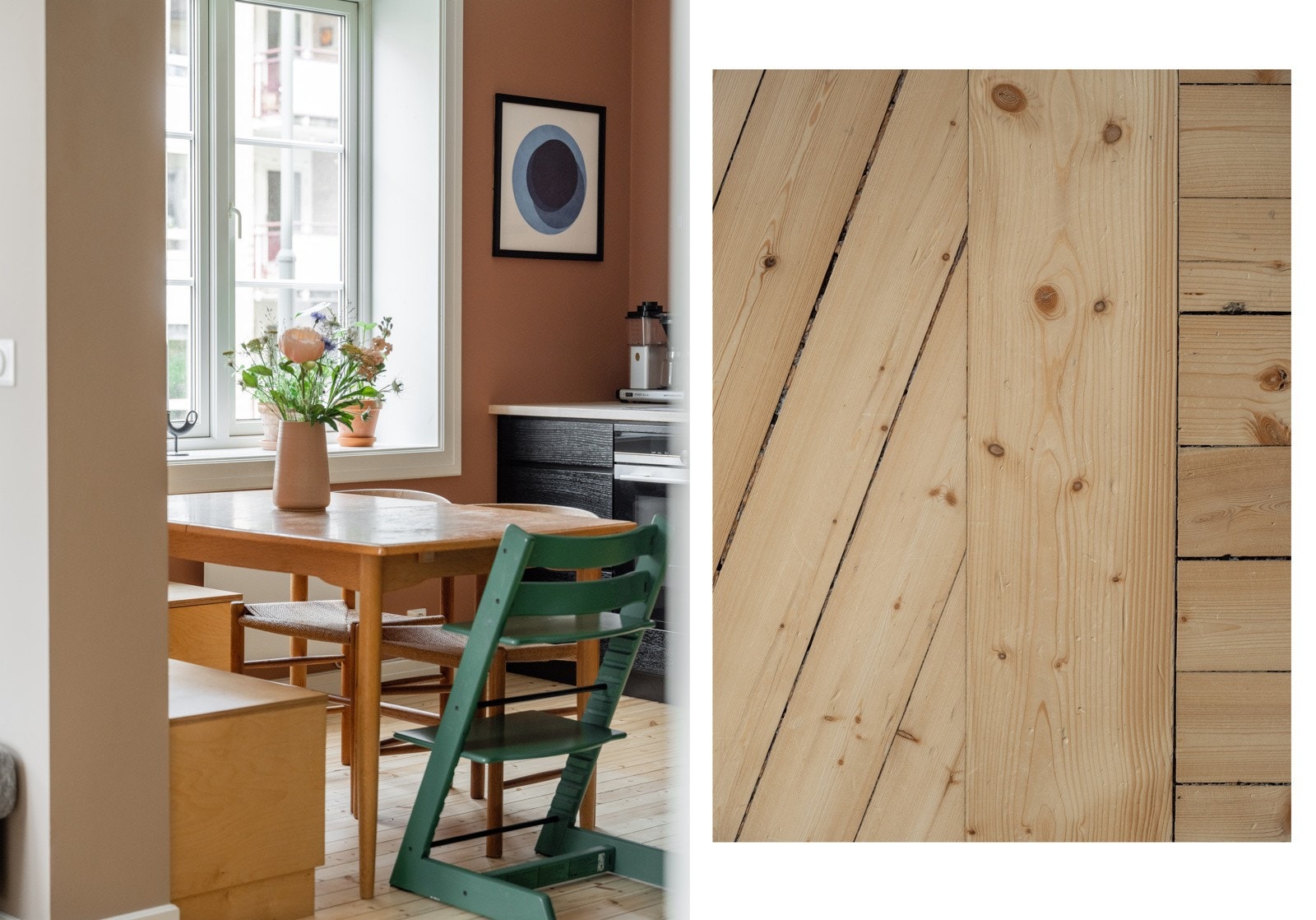 Skjøten i gulvet mellom stua og kjøkkenet - så elegant kan det gjøres altså! Galleribilde
