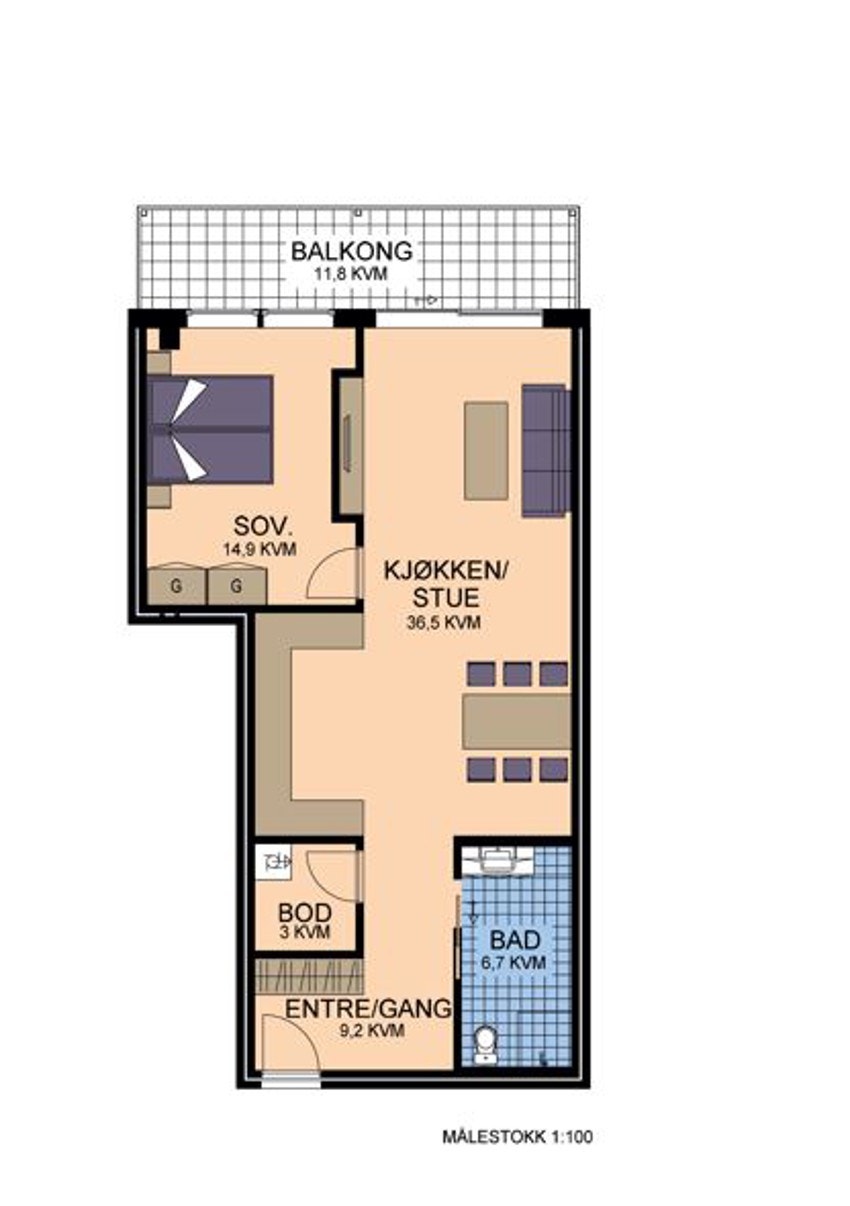 Plantegning 302 - Soverommet er i dag delt i et soverom og en alkove. Galleribilde