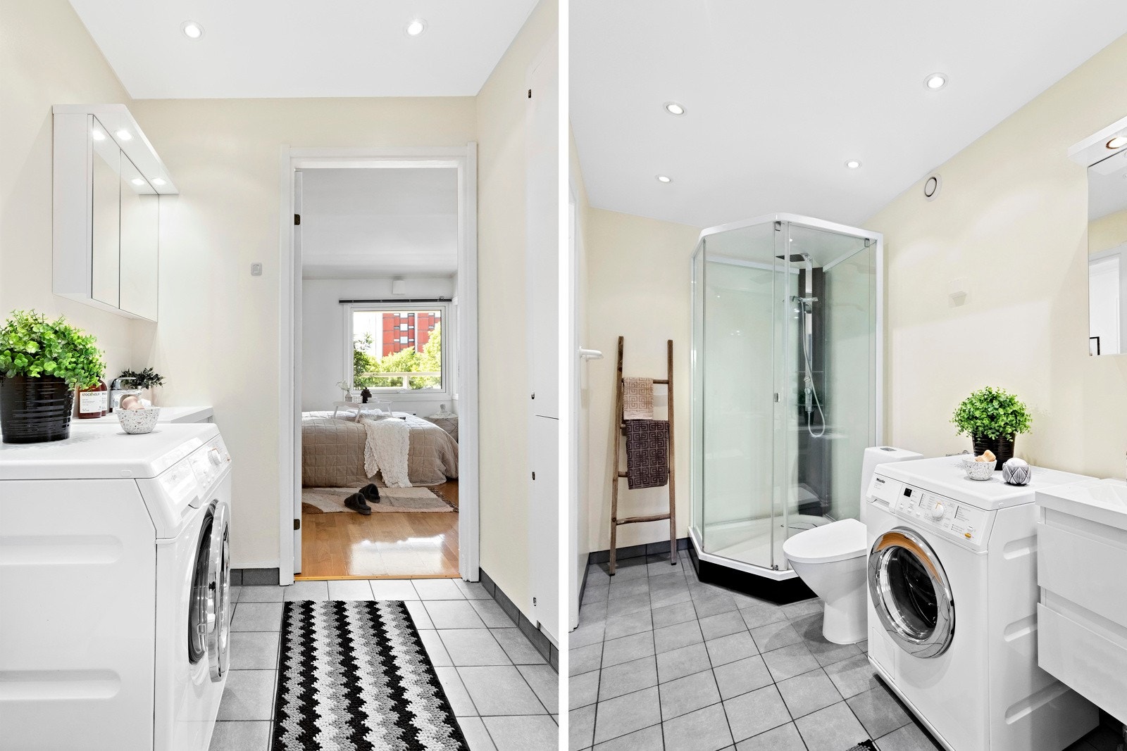 Eldre, flislagt baderom med malte vegger og himlingsflater. Det er en støtteordning i borettslaget for de som ønsker å pusse opp baderom. Det kan søkes til styret om tilskuddordning på opp mot kr 94.000,-. Galleribilde