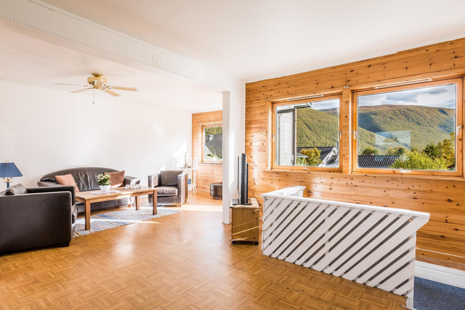 Romslig stue med gode vindusflater med utsikt mot Fløya og Fjellheisen!