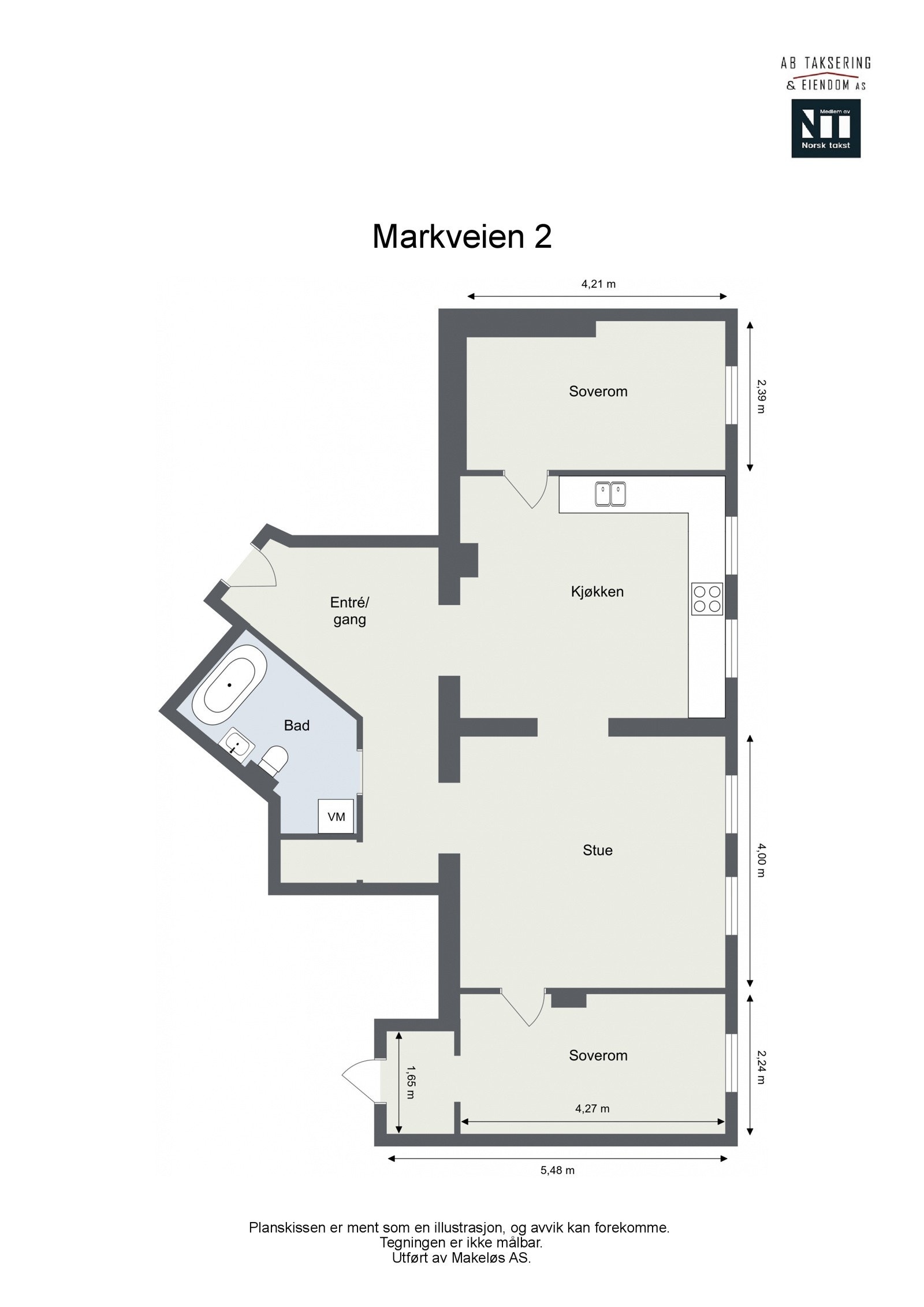Plantegning. I tillegg disponerer leiligheten en kjellerbod på ca. 5,5m² og en bod på ca. 1,2m² i felles baktrapp. Galleribilde