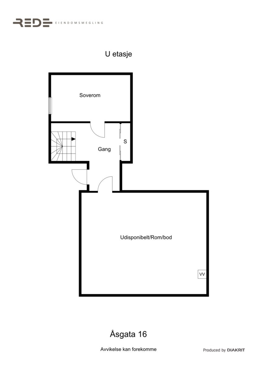 Plantegning over underetasjen. Ved ombygging av etasjen er det muligheter for å gjøre etasjen, eller deler av etasjen om til hybel/sokkelleilighet. En slik prosess må søkes og godkjennes av bygningsmyndighetene i Alstahaug kommune. Galleribilde