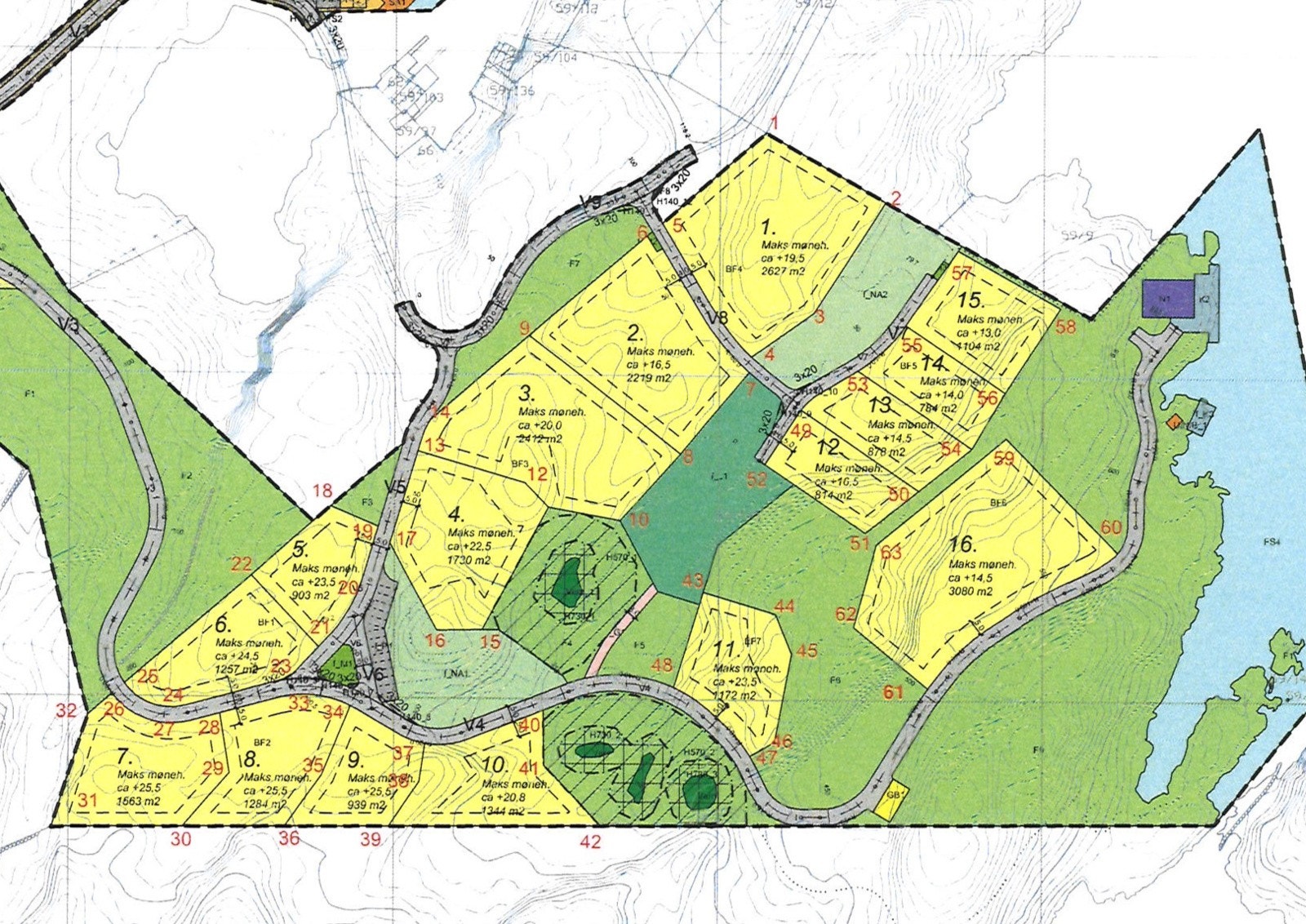 Tomtekart med markeringspåler (røde tall). Vedlagt i vedlegg. Galleribilde