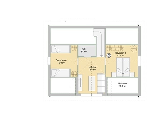 To soverom og stue på hems, utgjør mye for plass. Galleribilde