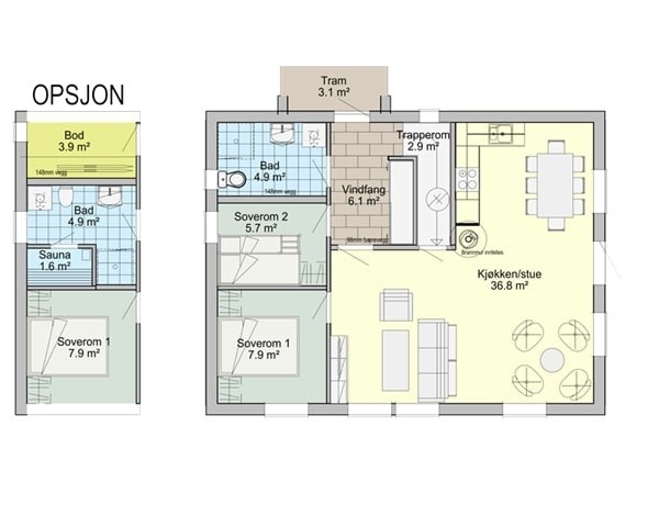 Mulighet for å bytte ut et soverom med et større bad og en bod. Galleribilde