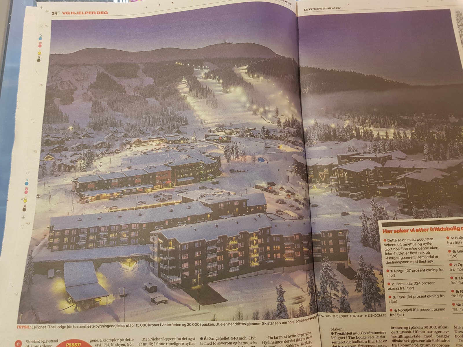 Papirutgaven med eksponering av The Lodge Trysil over 2 sider. Galleribilde