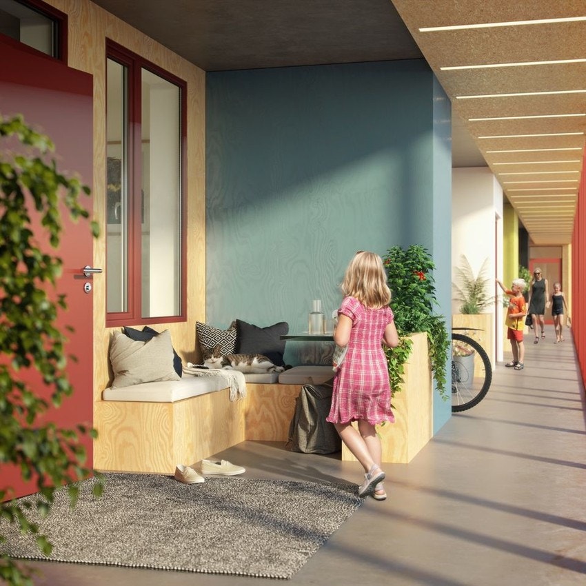 Illustrasjon - Leiligheten vil ligge i Glassgangen, her vil du blant annet få en sportsbod medfølgende ved inngangspartiet. Galleribilde