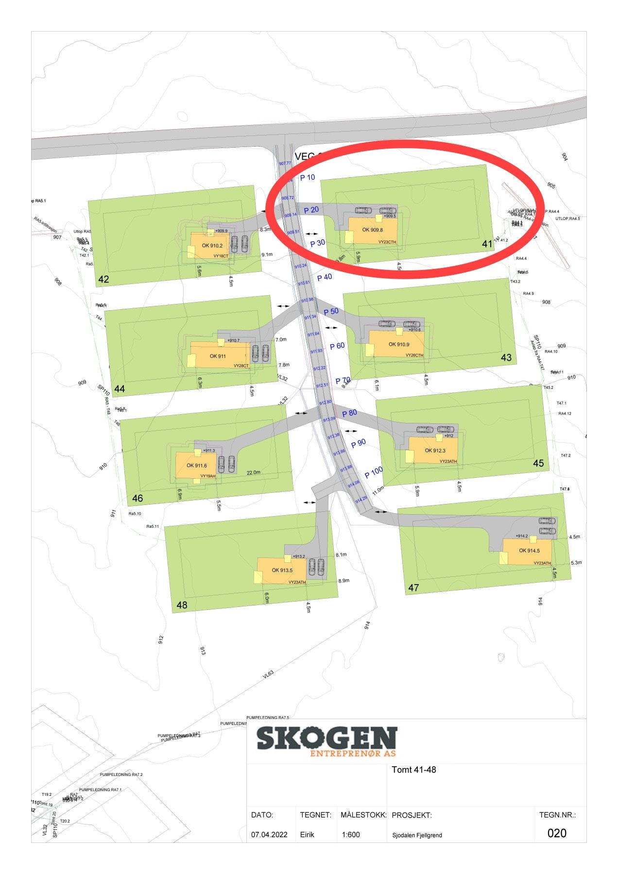 Situasjonsplan tomtefelt med Vy hytter. Tomt 41 markert Galleribilde