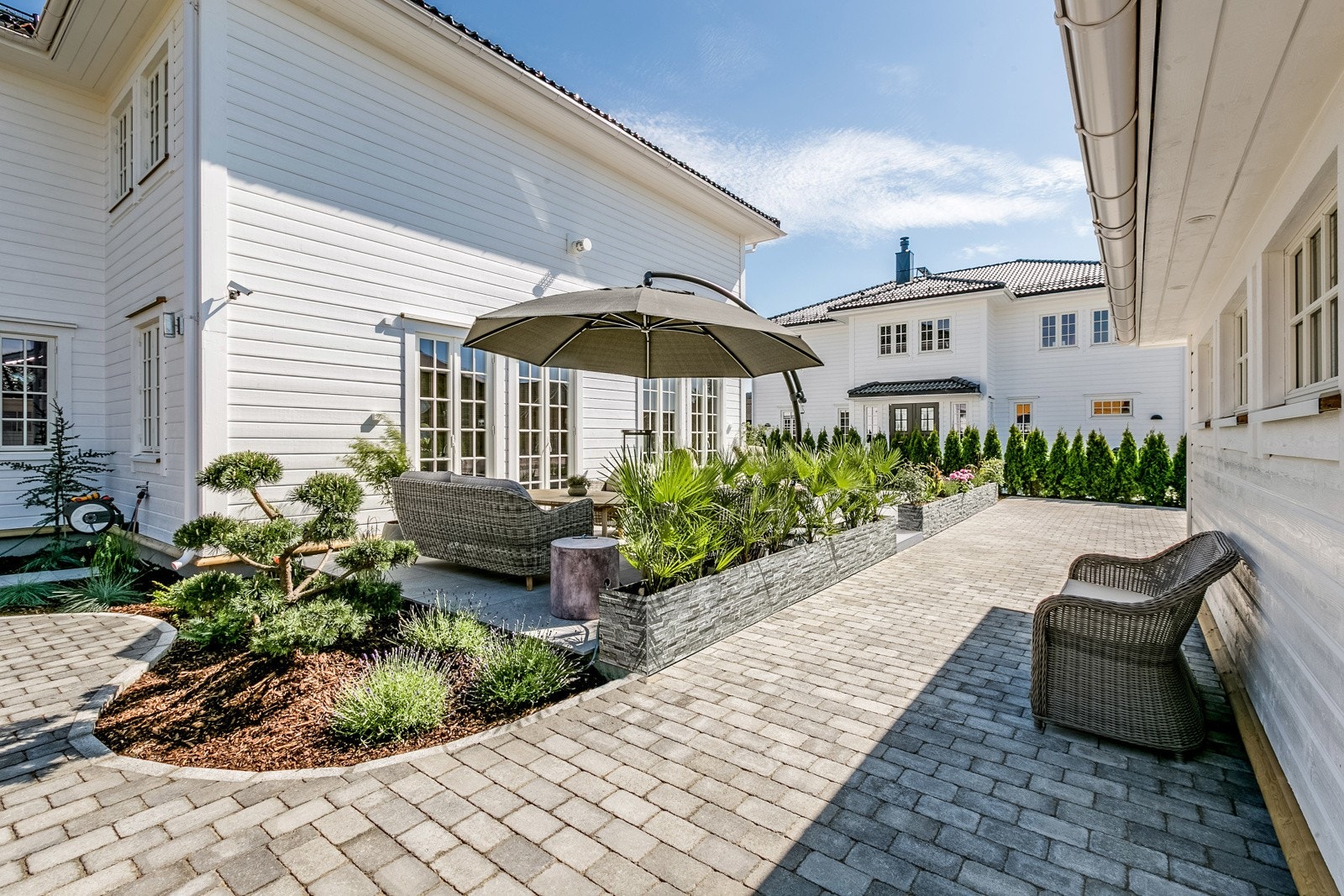 Som tilvalg kan tomten av utbygger leveres ferdig opparbeidet med gressplen, stenlagt gårdsplass, hekk ev. gjerde m.m. Bildene som benyttes i presentasjonen er fra andre hus Riis Bygg har oppført og er ment som illustrasjon. Det kan være avvik mot leveran Galleribilde