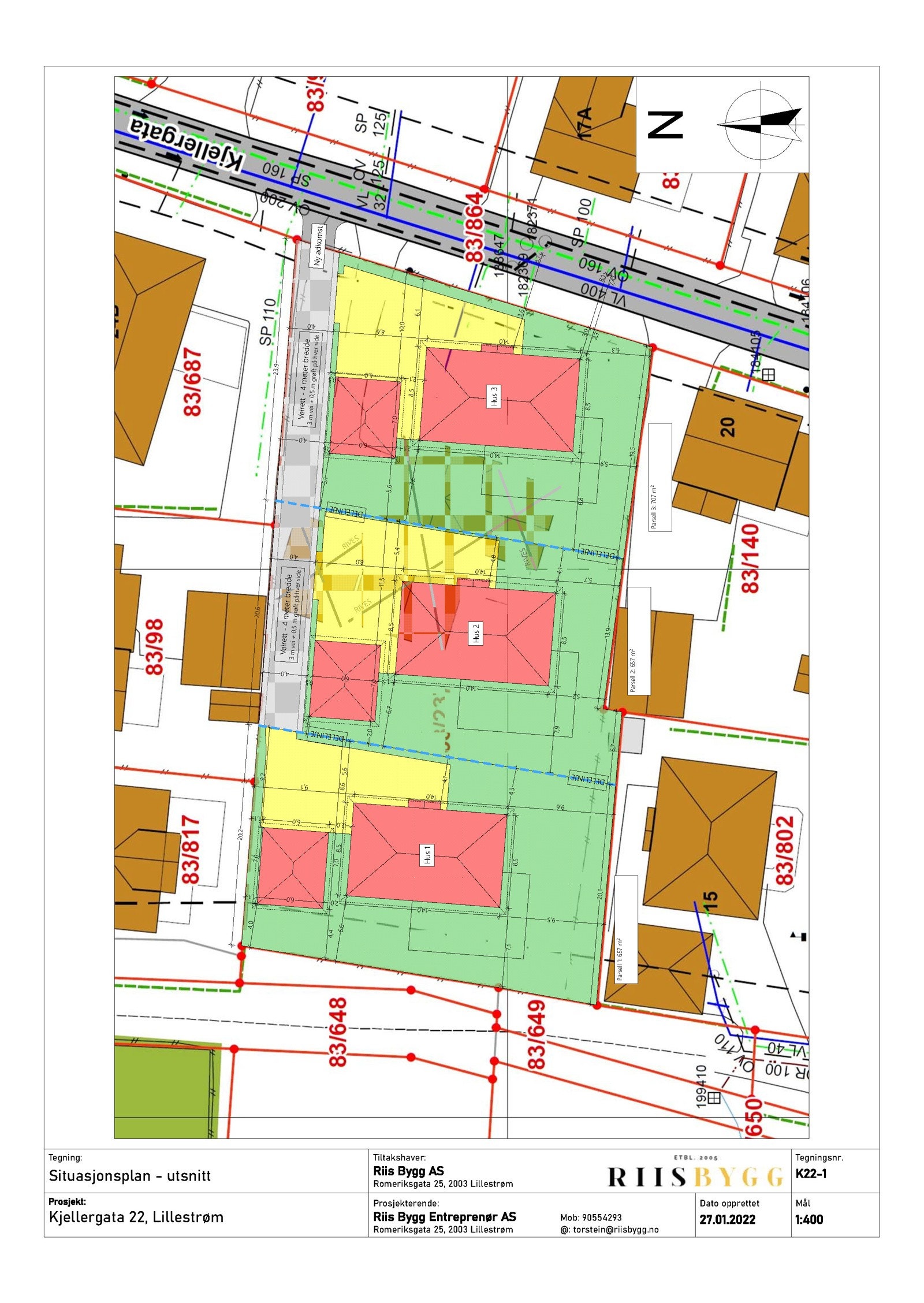 Hus 2 og 3 har begge selveiet tomt på 657 kvm. Hus 3, 707 kvm. Hus 1 er solgt og ferdigstillet. Galleribilde
