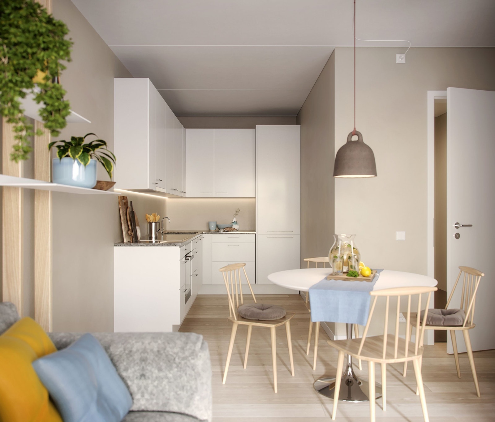 Åpen stue/kjøkkenløsning. Merk at bildet er en illustrasjon fra prospektet til leiligheten. Avvik fra illustrasjonen kan forekomme. Galleribilde