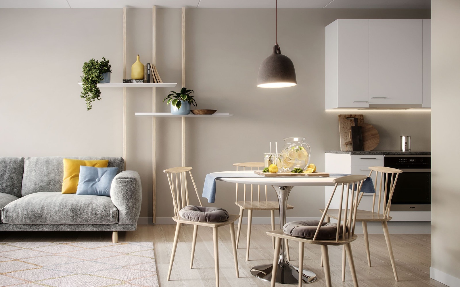 Åpen stue/kjøkkenløsning. Merk at bildet er en illustrasjon, Avvik fra illustrasjonen kan forekomme. Galleribilde