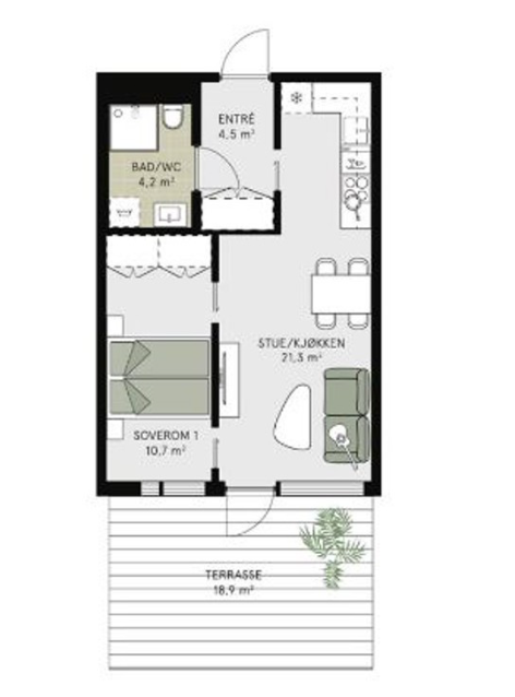 Lys og romslig leilighet med god planløsning og markterrasse på nesten 20 kvadrat Galleribilde