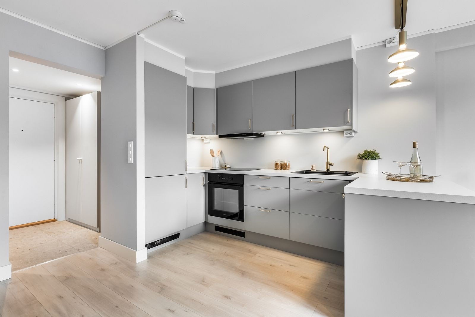 Moderne kjøkkeninnredning med integrert kjøl/frys, stekeovn, induksjonstopp og oppvaskmaskin Galleribilde