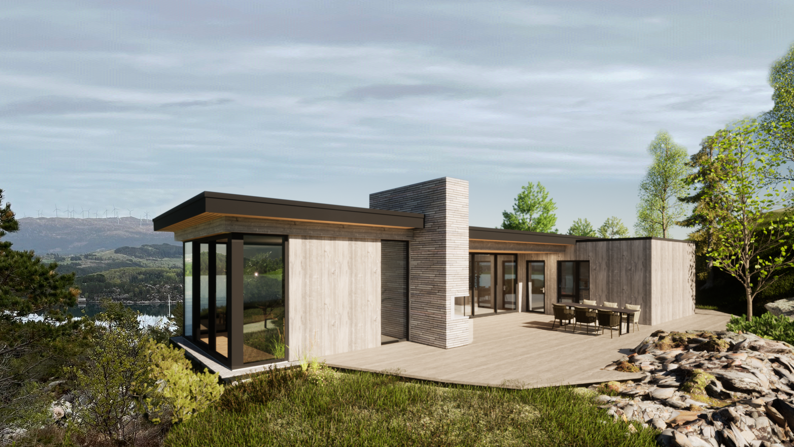 Hyttene tilpasses tomten den plasseres på for best mulig å passe inn i terrenget. Hyttene fremstår med detaljer som gir dem estetiske kvaliteter og bidrar til forsiktig variasjon. Illustrasjon Galleribilde