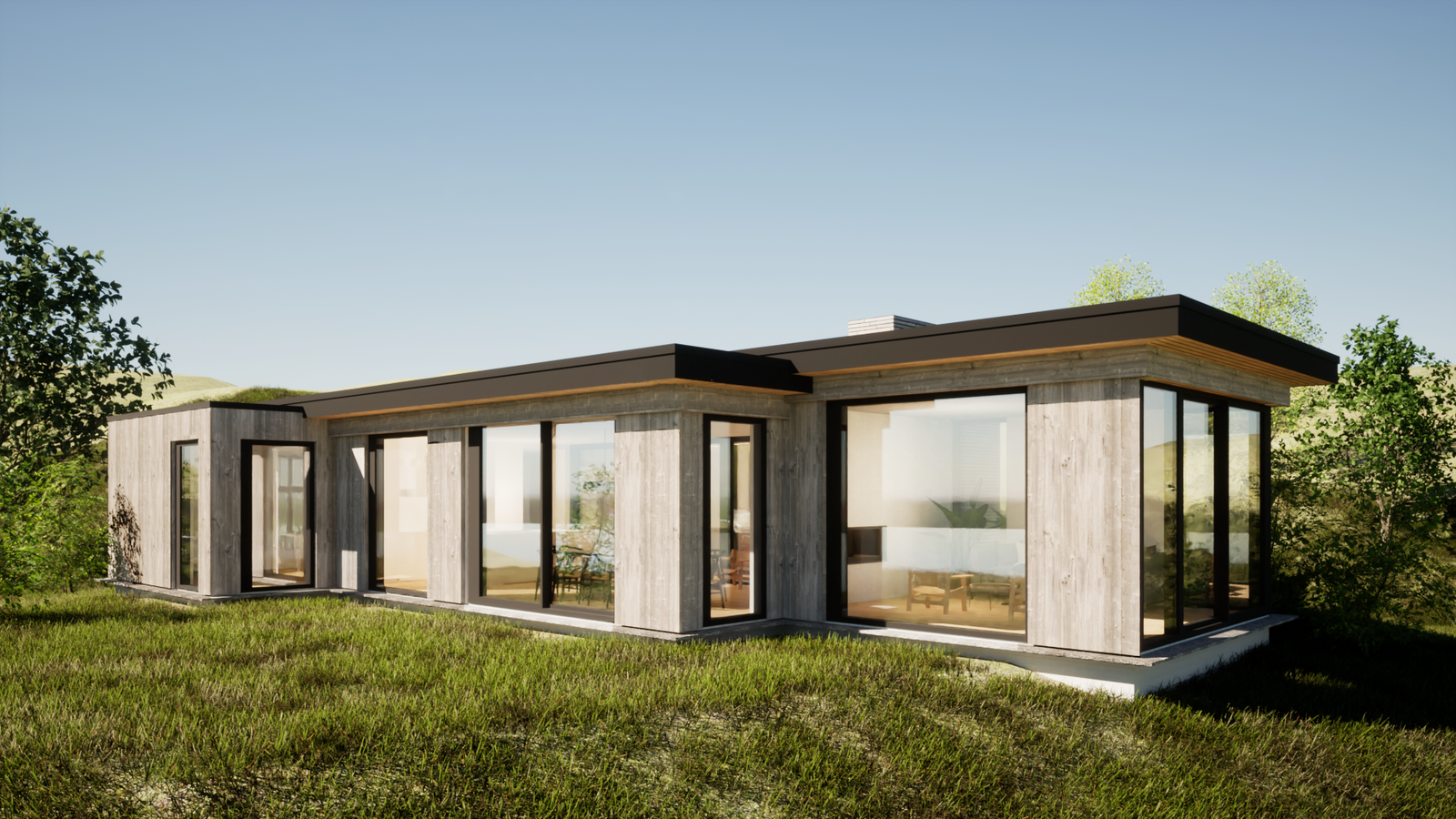 Kysthyttene er tegnet av arkitekt Sven Gundersen, med moderne elementer i form av arkitektur og bruk av store vindusflater. Illustrasjon Galleribilde