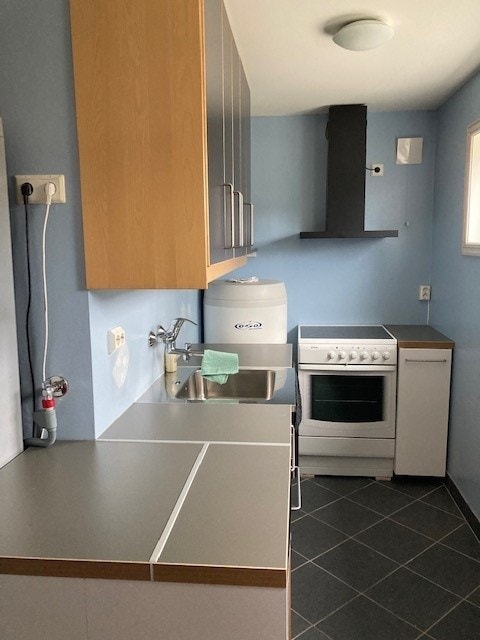 Hybelkjøkken med god arbeidsbenk, oppvaskmaskin, komfyr med komfyrvakt og micro Galleribilde