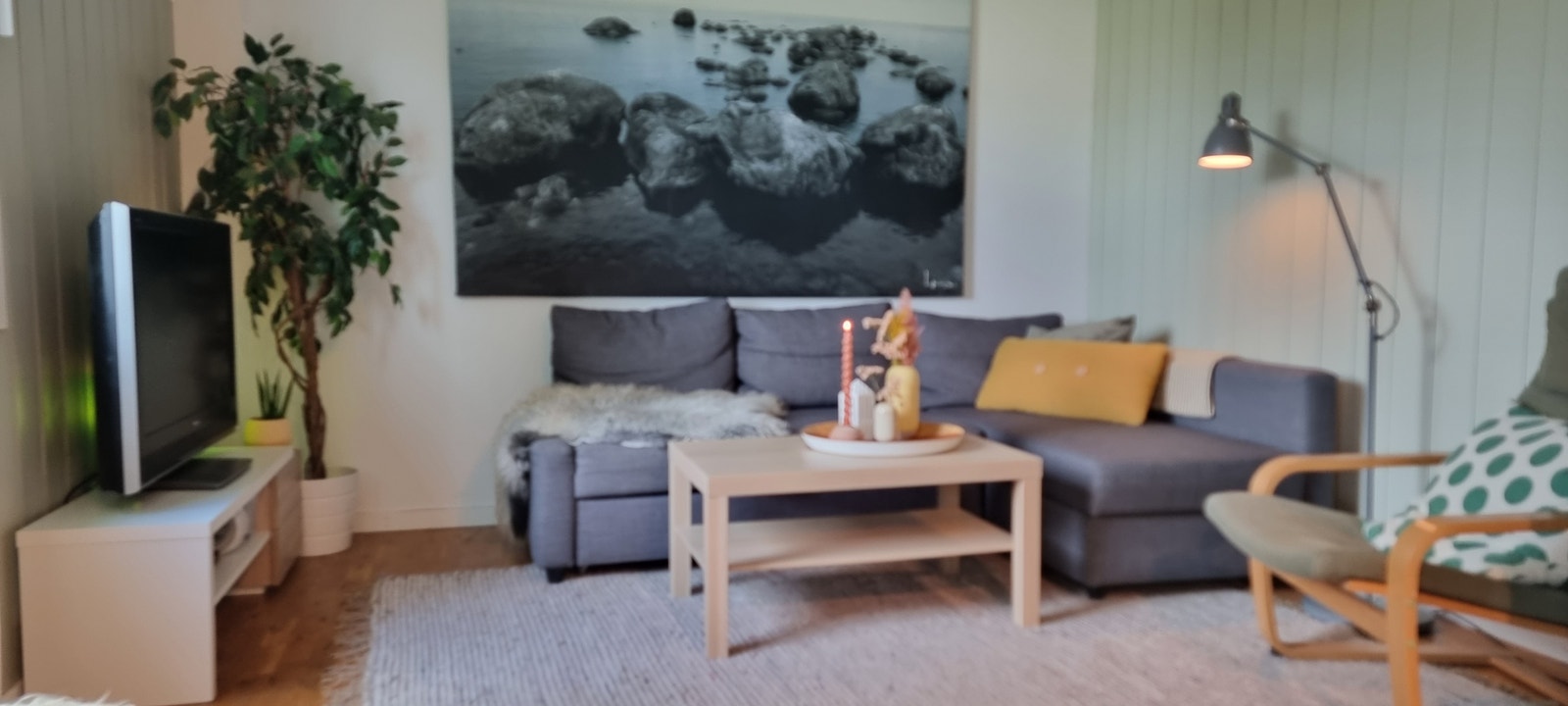 Stue med sovesofa Friheten fra IKEA. Den har en egen seksjon for oppbevaring som rommer dyne, puter, sengetøy etc. Galleribilde