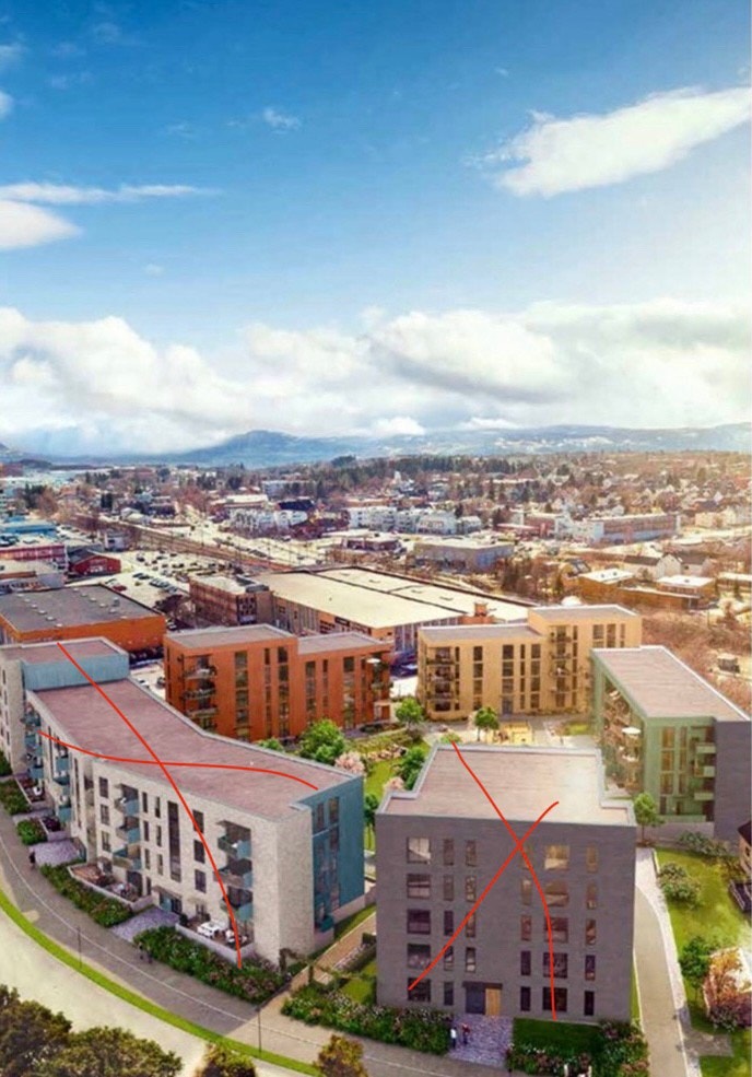 Leiligheten er i toppetasje i det gule bygget. Byggene med X er ikke bygd, og men kommer til å bli det (usikker på når). Galleribilde