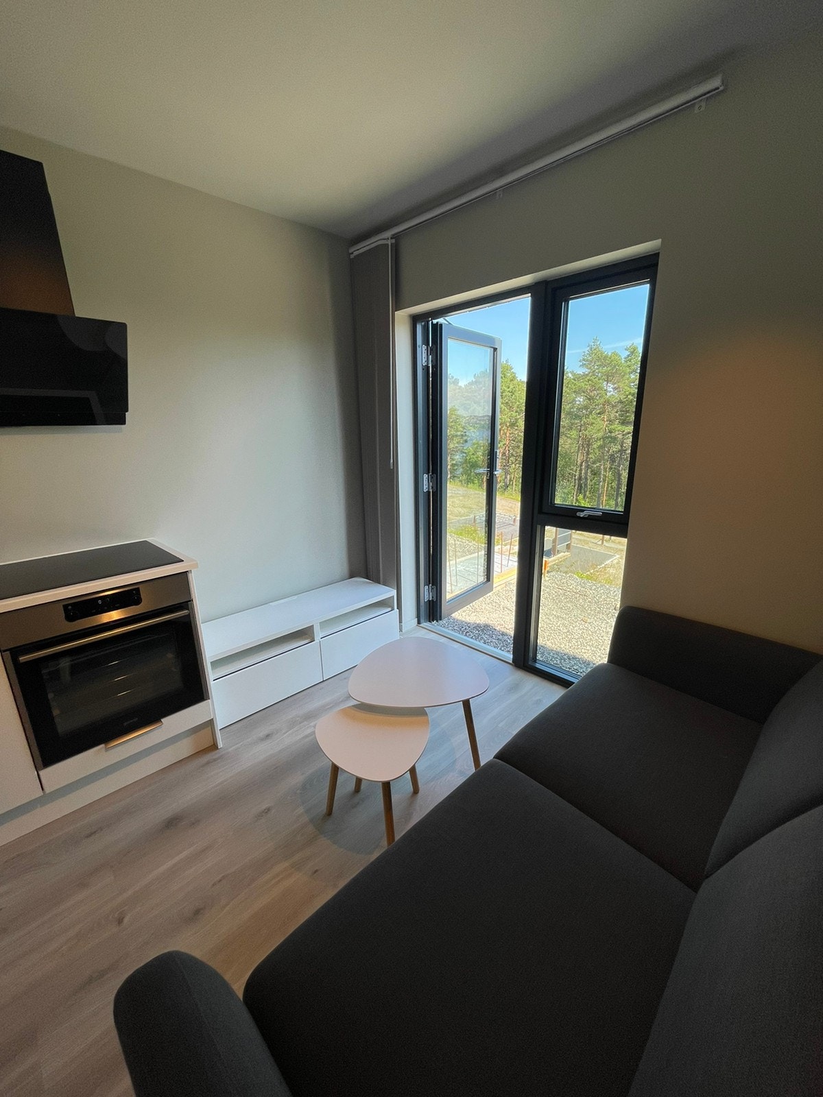 Stue med verandadør. Tv følger med. Galleribilde