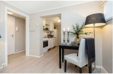 Stue med inngang til kjøkken og gangen til bad og soverom Galleribilde