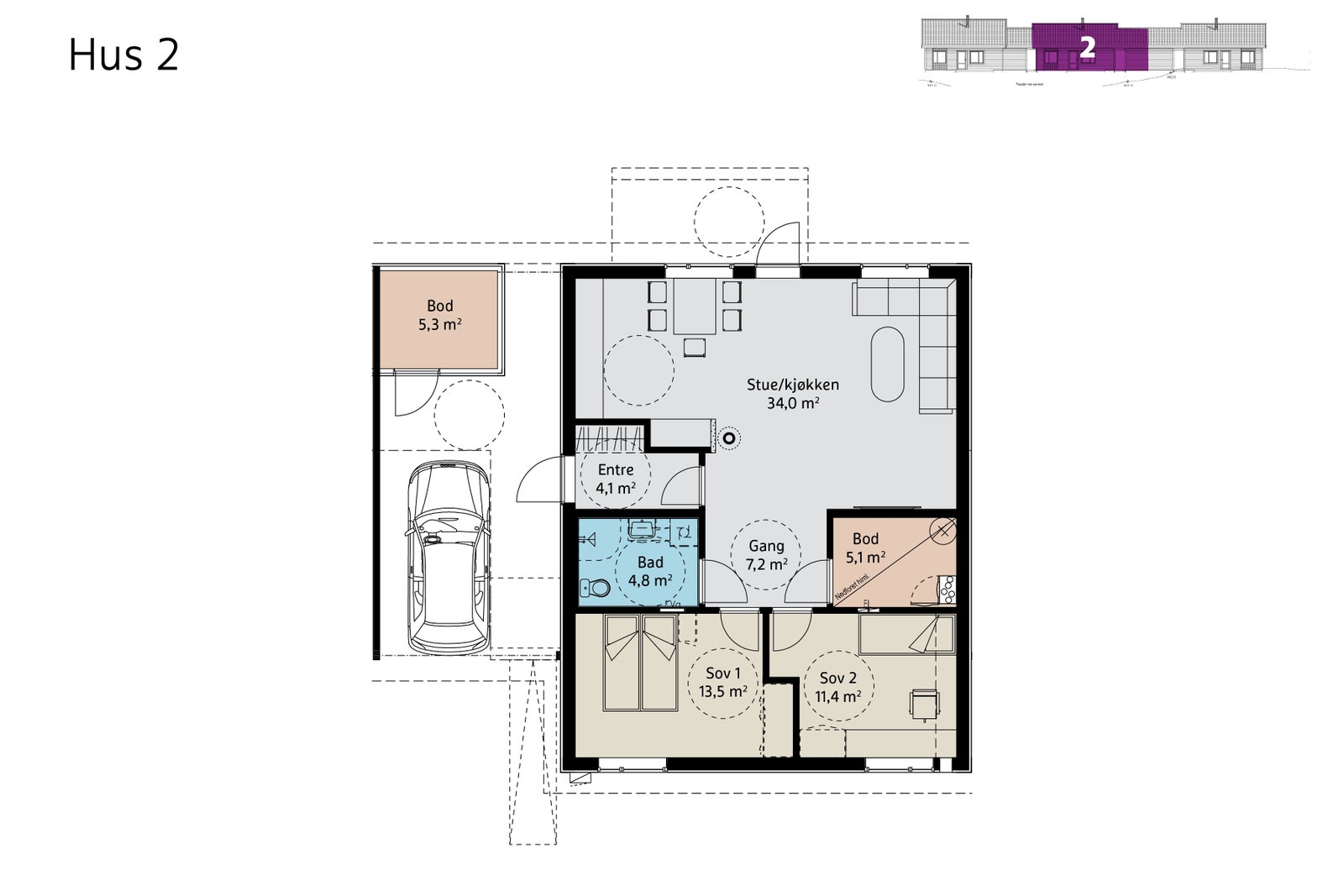 Plantegning av Hus 2 - det kan forkomme endringer og avvik på tegningene. Galleribilde