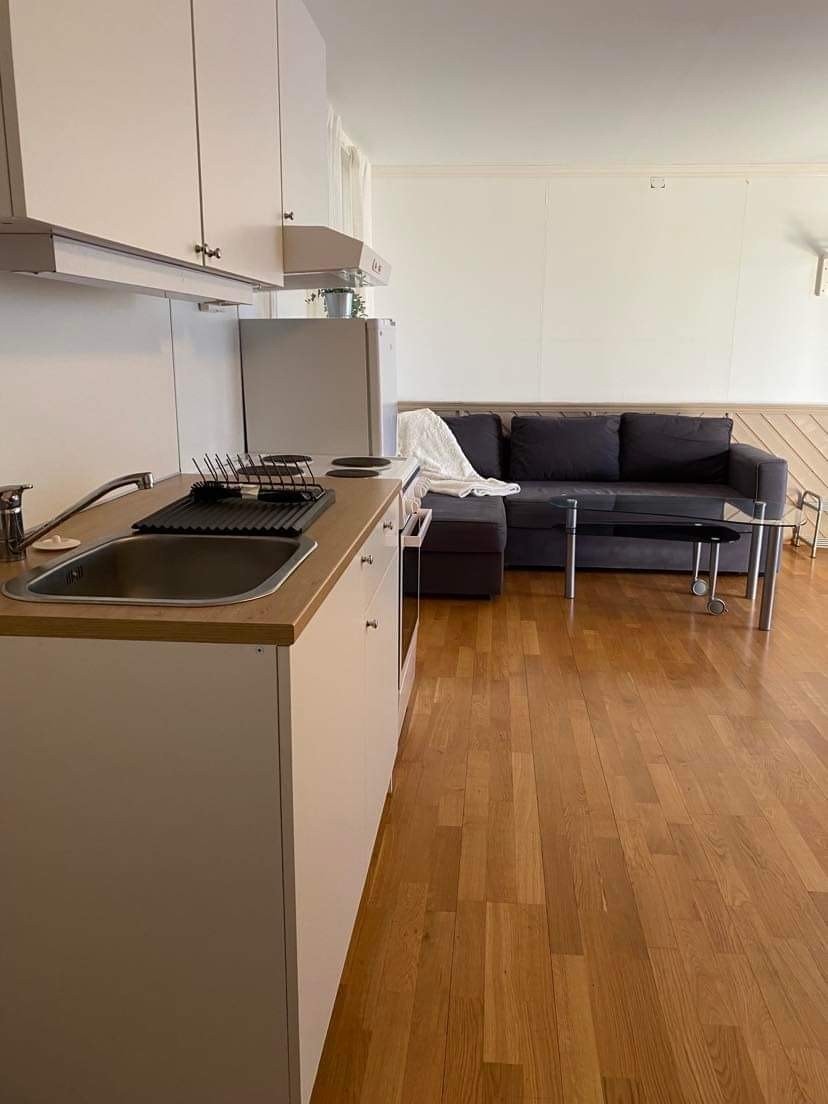 Stue og kjøkken, smakfullt og nøytralt møblert. IKEA-kjøkken fra juni 2020. Galleribilde