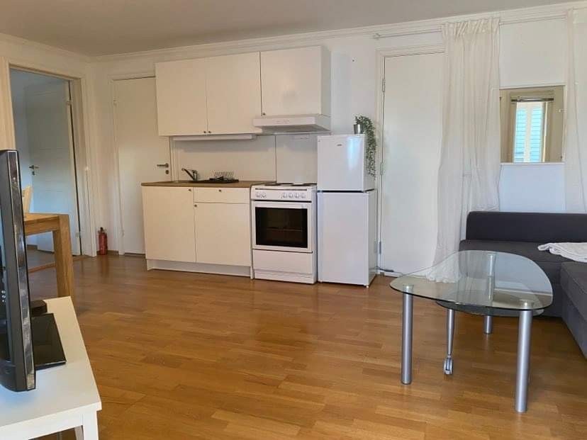 IKEA-kjøkken fra juni 2020. Komfyr, kjøleskap og liten fryser fra juni 2020. Galleribilde