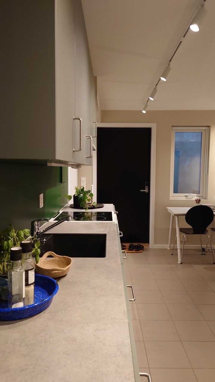 Kjøkkenvegg med oppvaskmaskin, komfyr og kjøleskap med frys. Galleribilde