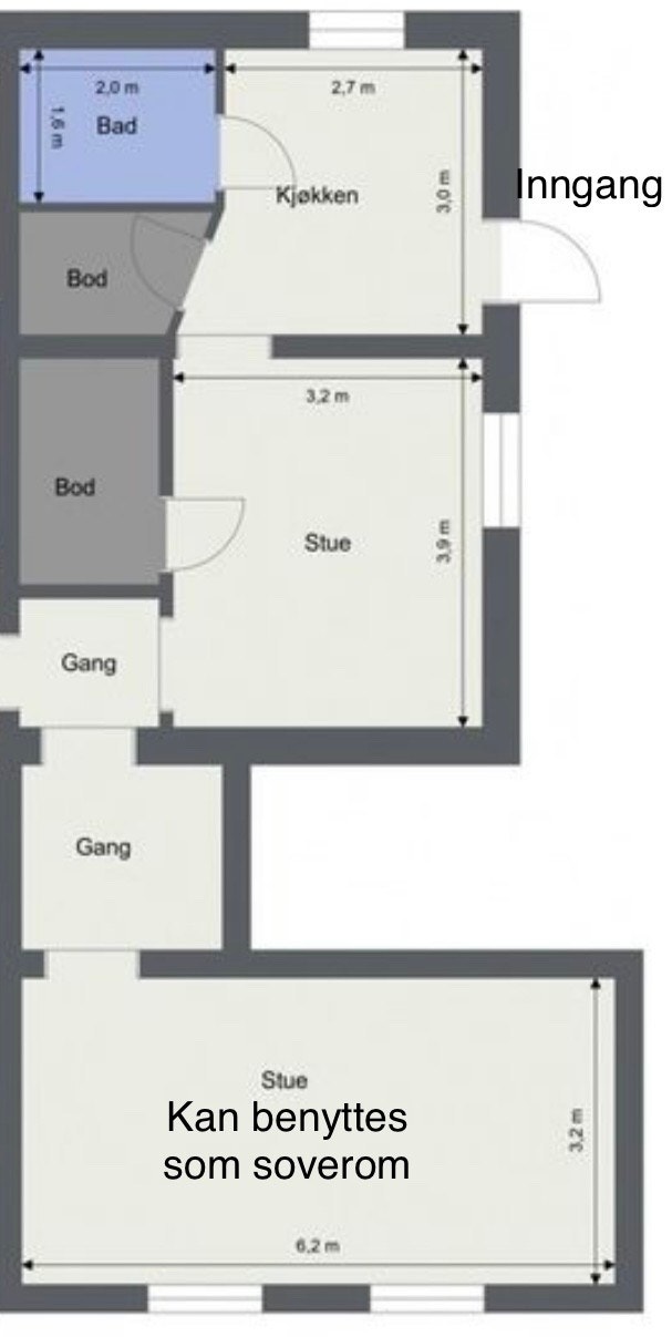 Plantegning som viser hele leilighet med 2 boder i tillegg. Galleribilde