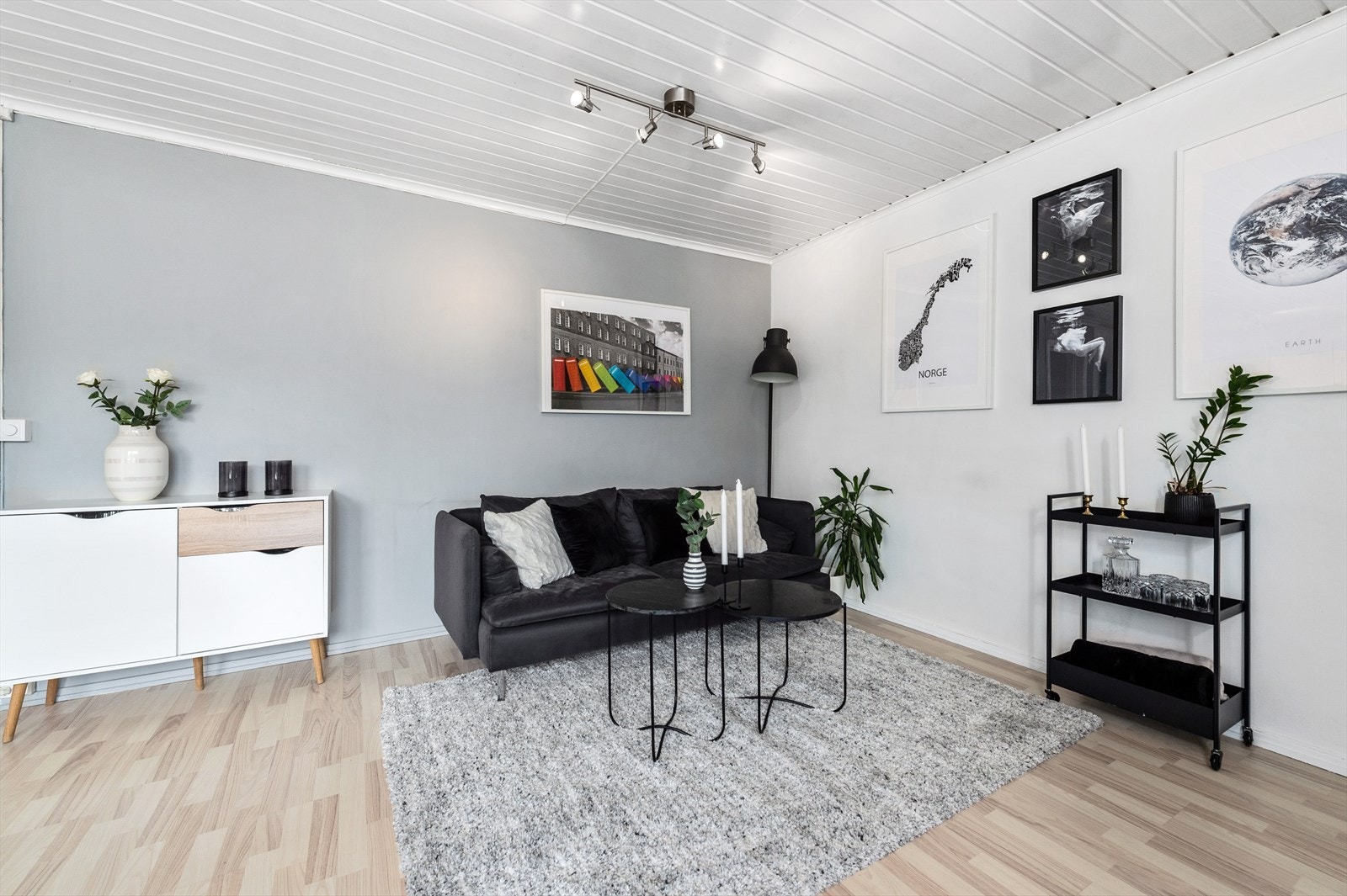 Stuen har plass til hyggelig sofakrok, ønsket medie- og oppbevaringsmøblement, samt et stort spisebord. Galleribilde