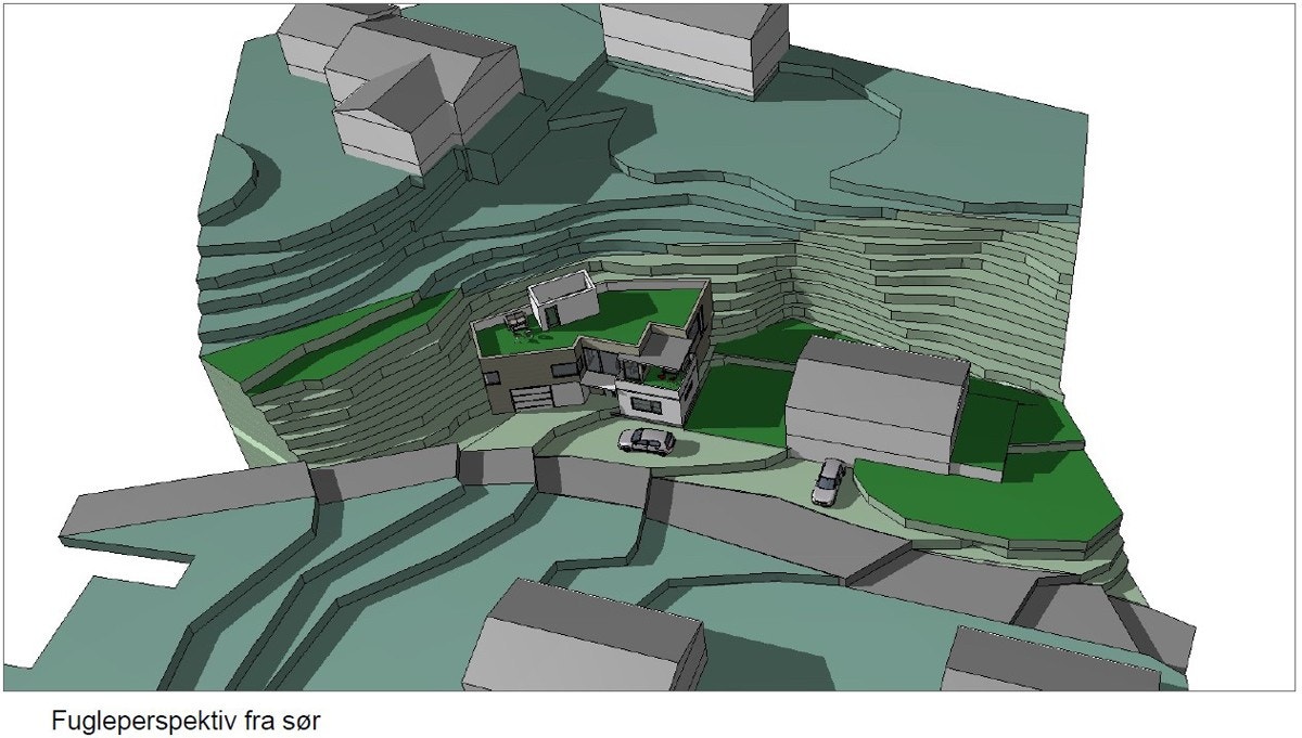 Forslag 1 er en moderne enebolig med takterrasse tilpasset terrenget Galleribilde