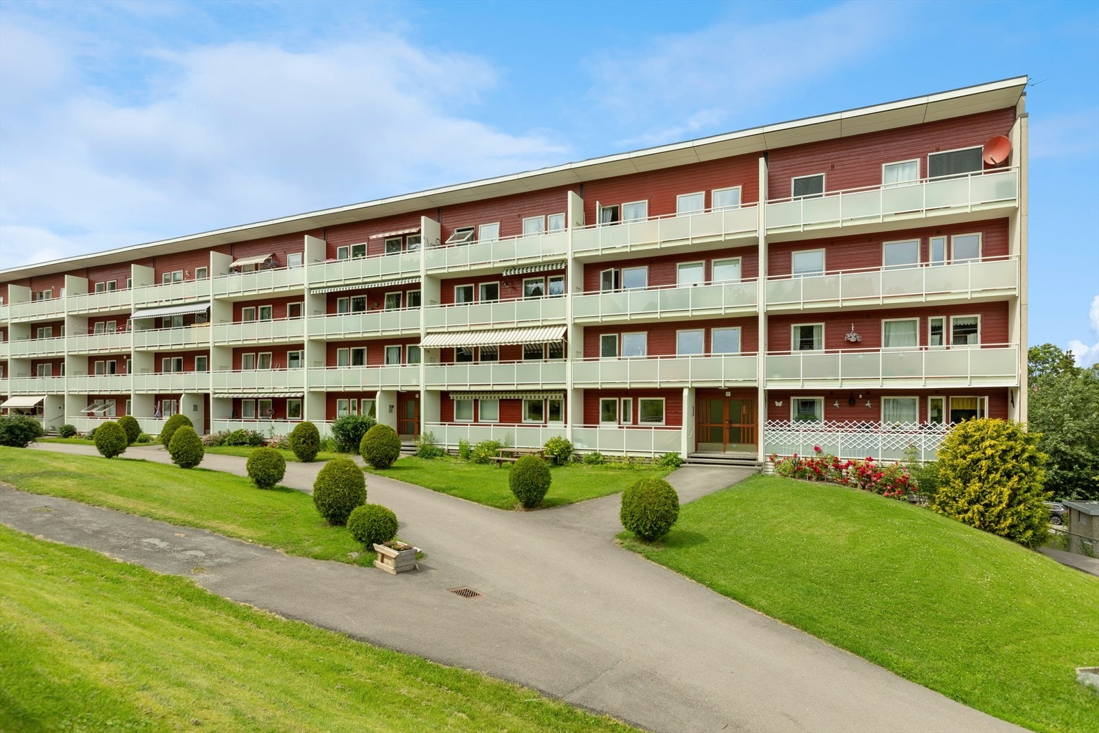 Sameiets tomt er pent opparbeidet med gressplen og diverse beplantning Galleribilde