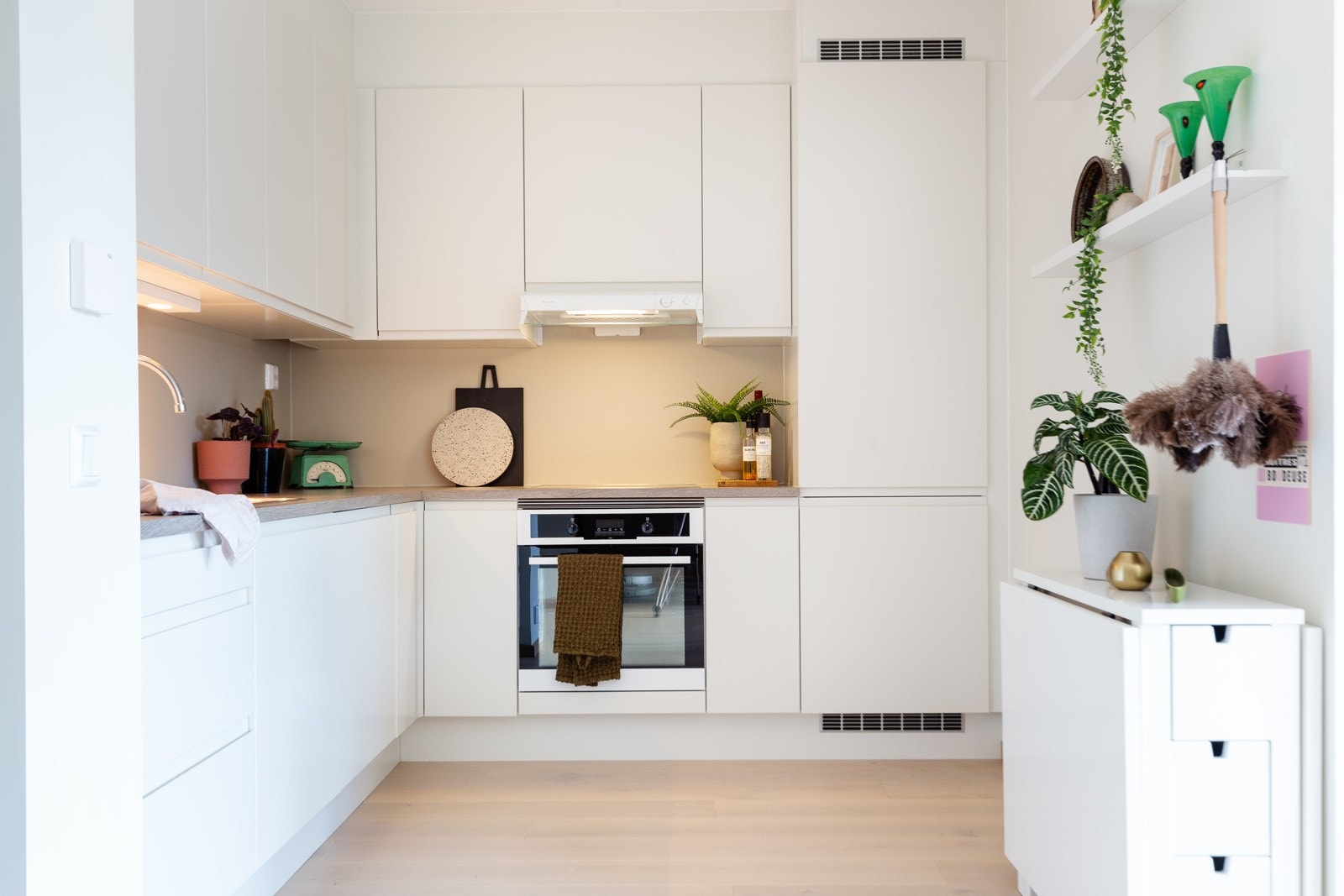 Kjøkkenet byr på integrerte hvitevarer som induksjonsplatetopp, stekeovn, oppvaskmakin og kombinert kjøle-/fryseskap. Galleribilde