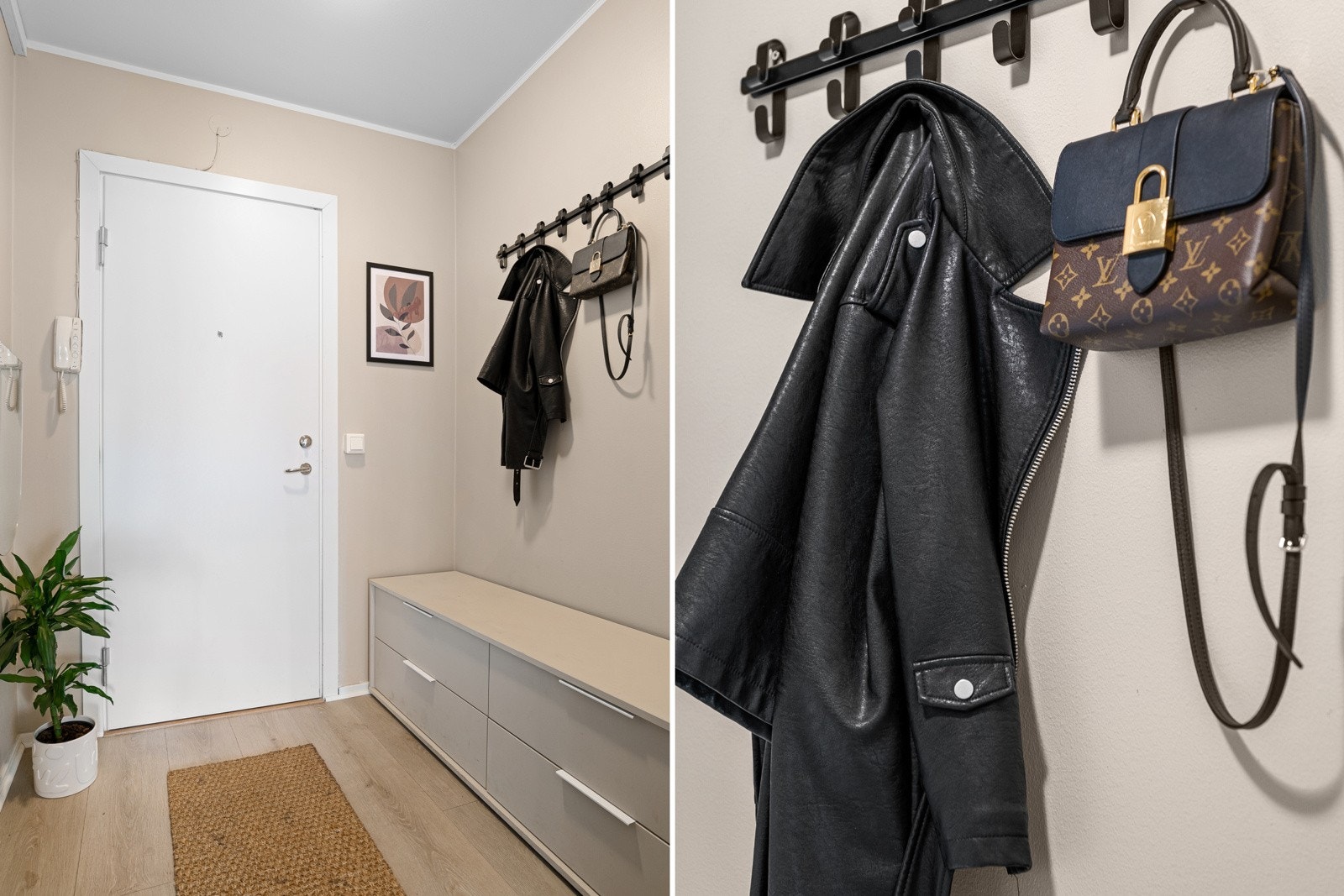 Inngangspartiet er romslig, lyst og innbydende med plass til oppbevaring-/sittebenk, og hengeknagger for ytterklær Galleribilde