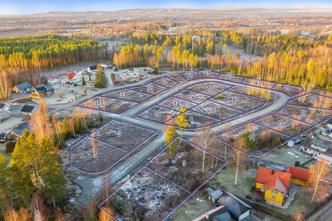 Dronefoto med nummererte tomter. Galleribilde