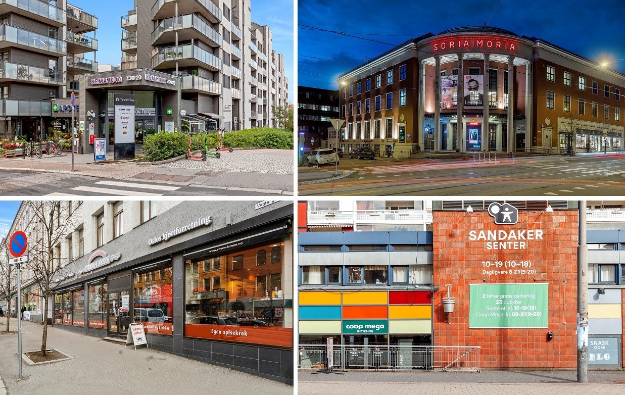 Servicefasiliteter og dagligvare på Ringnes park, Torshov Torg, Sandaker senter og Strøm-Larsen slakteri. Kultur- og uteliv på Soria Moria og på Løkka. Galleribilde