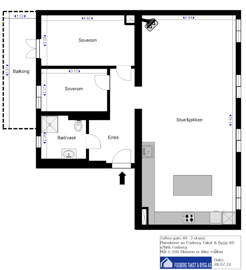 Plantegning - leiligheten ligger i bygårdens 3. etasje. Galleribilde
