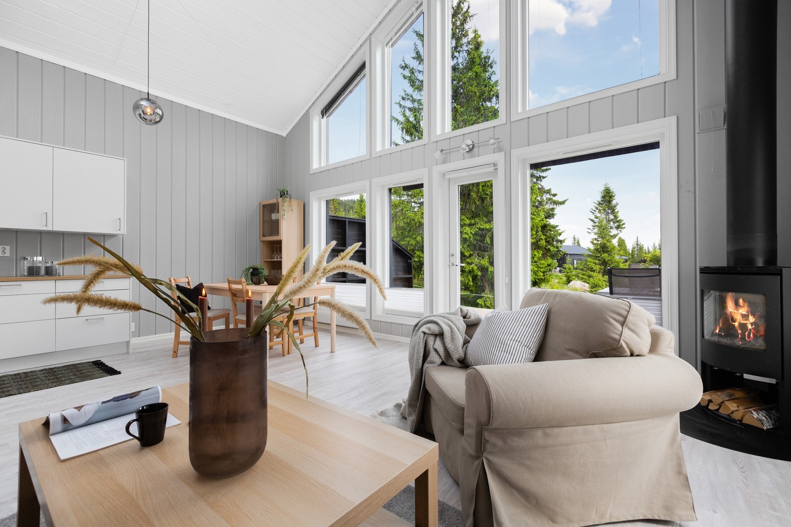 Vinduer fra gulv til tak sørger for godt lys og utsikten kan nytes fra sofakroken. Galleribilde