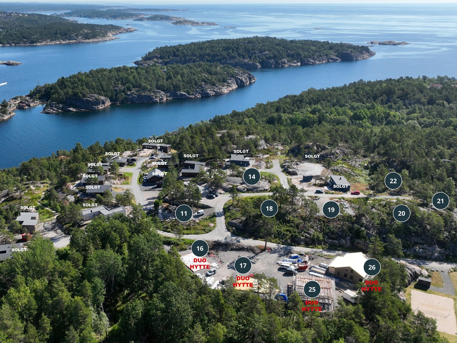 Oversikt over plassering av hyttene. Disse ligger på tomt 16 og 17. Galleribilde