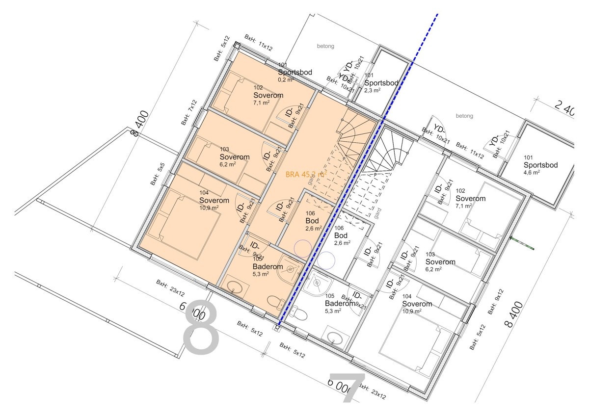 Planskisse hytte 7 og 8 - 1. etasje Galleribilde
