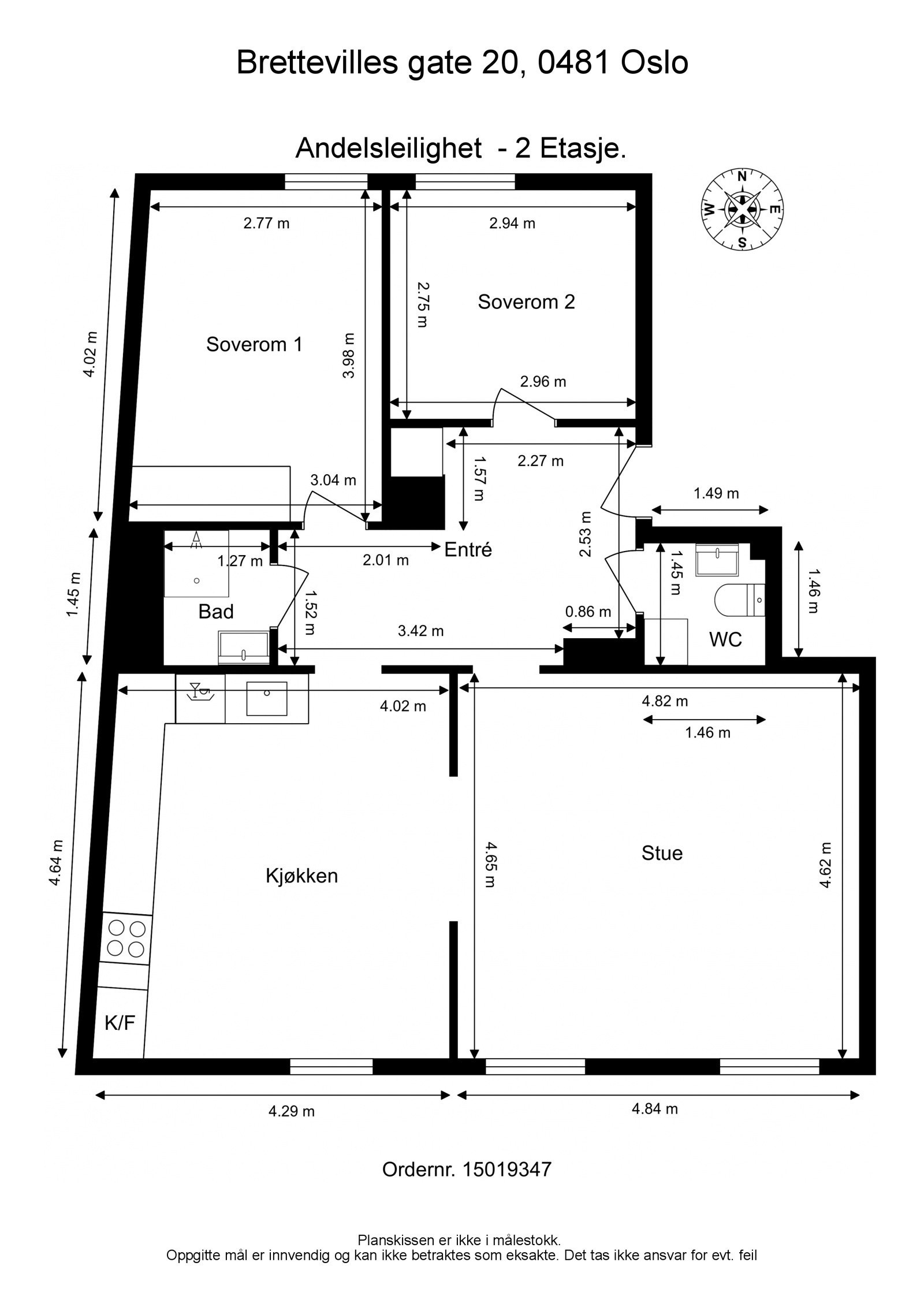 Plantegning. I tillegg disponerer leiligheten en loftsbod på ca. 3m². Det opplyses fra selger at det kommer ny bod i kjeller. Galleribilde