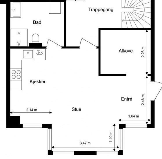 Planløsning. Rommet merket med trappegang er del av huset, resten er hybelen. Galleribilde