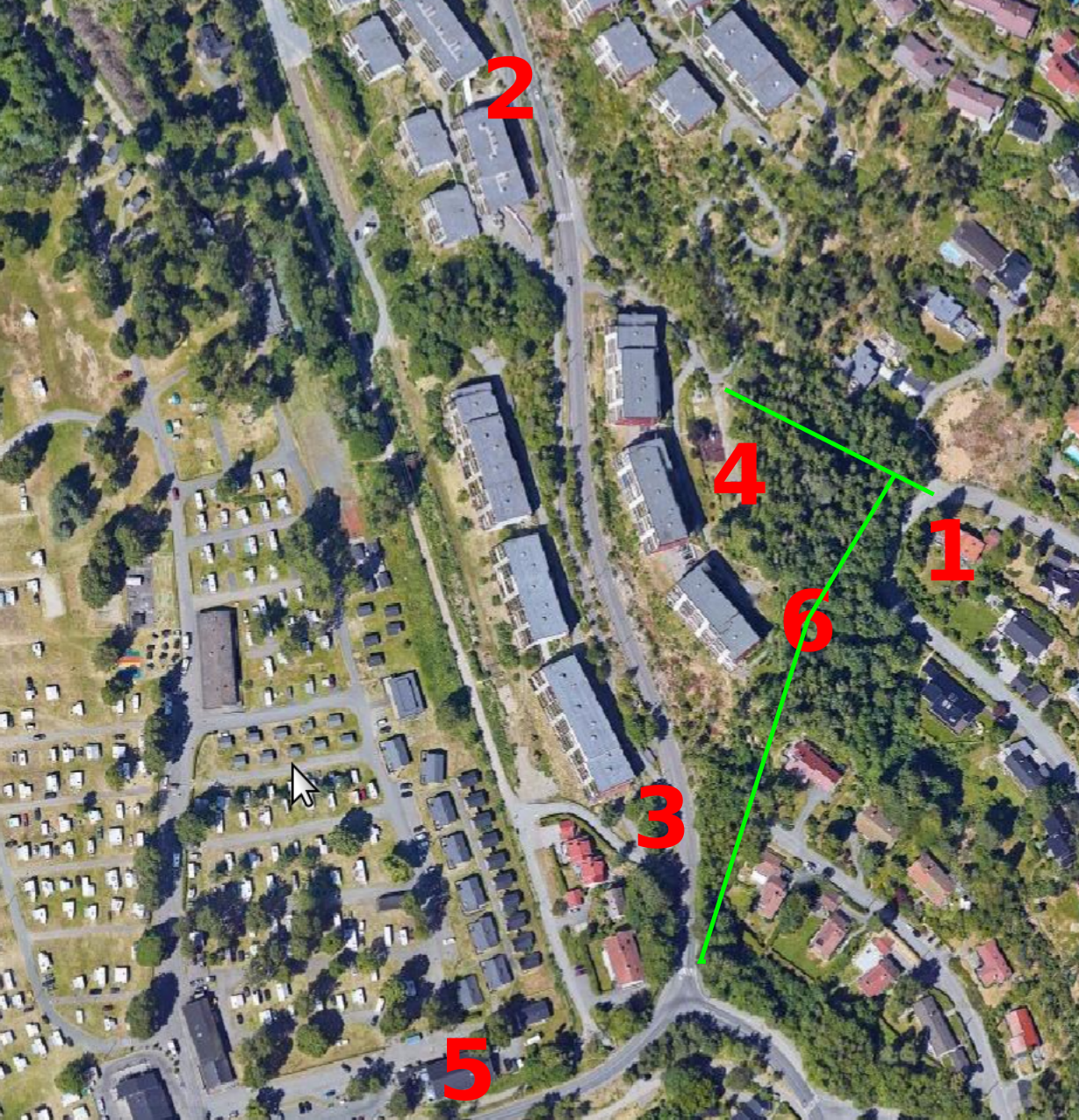 Kart over nærområdet
1: Eiendommen
2: Buss Liabakken
3: Buss Himstadplassen
4: Lekeplass,
5: Kiwi Bogstad (07-23 alle dager inkl. Søndag)
6: Gangstier Galleribilde