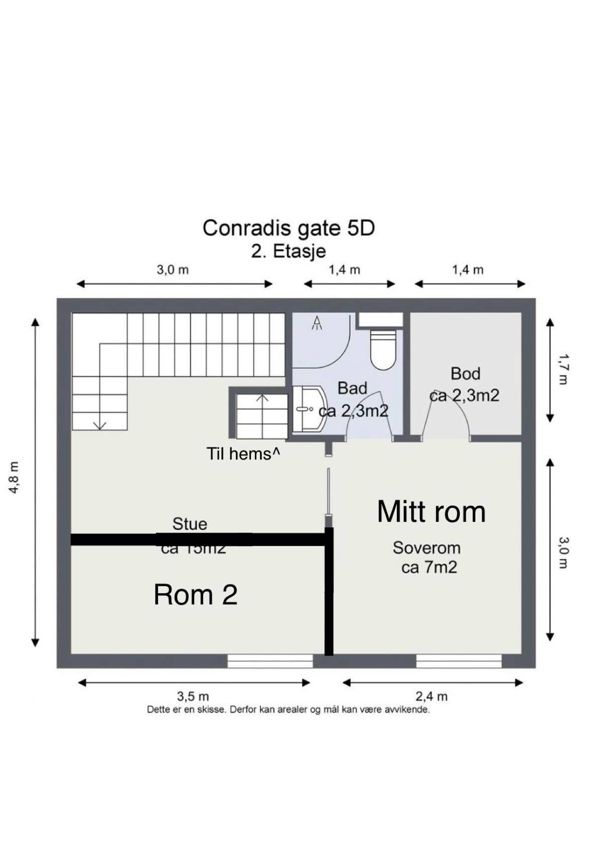 Arealplan 2. etg og Rom 2 samt trapp til Hems Galleribilde